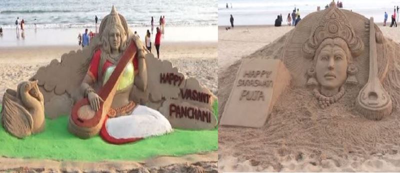 Goddess Saraswati comes alive in Sand Arts in Puri