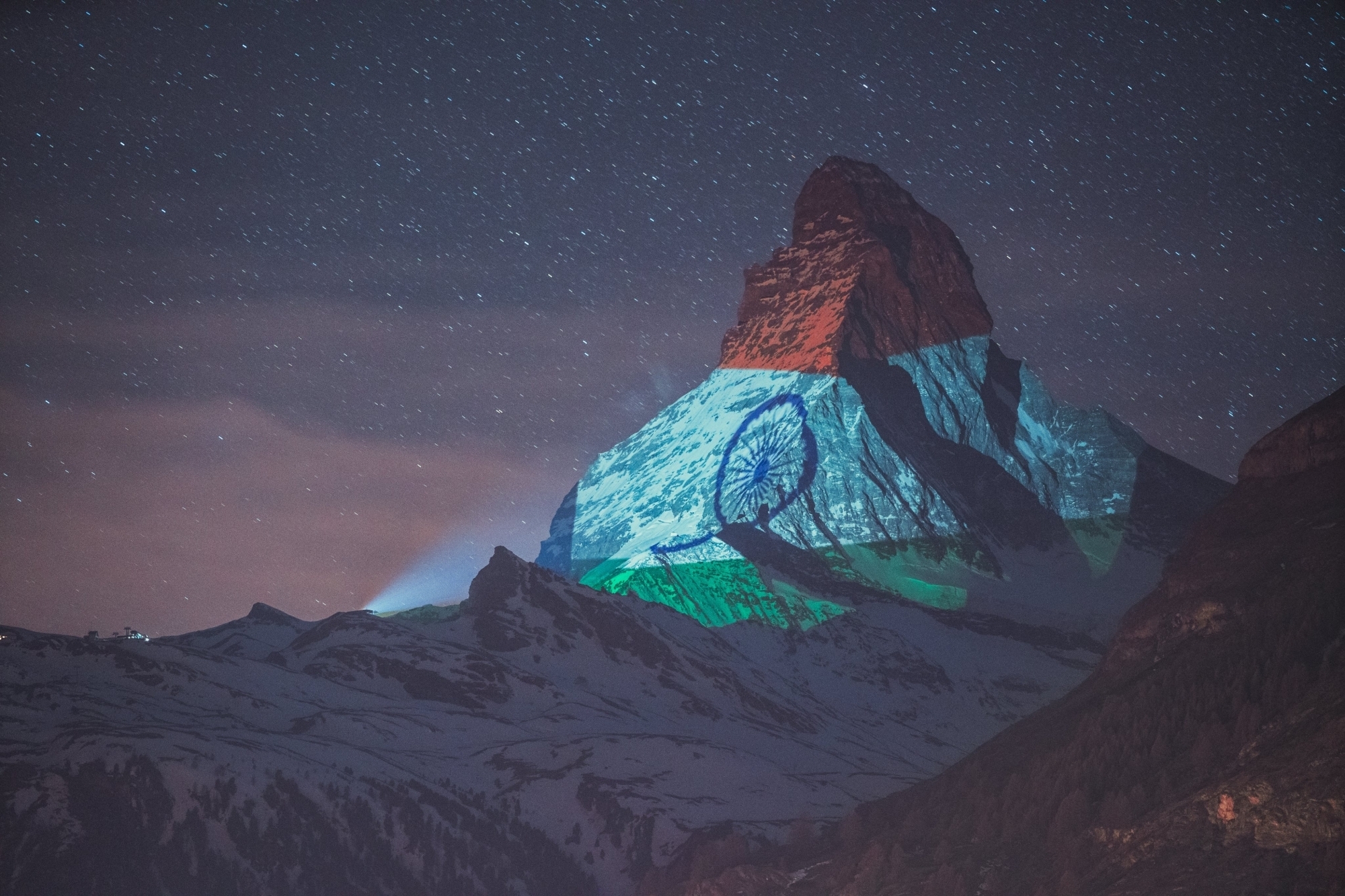 Indian tricolour Projected on Matterhorn mountain in Switzerland