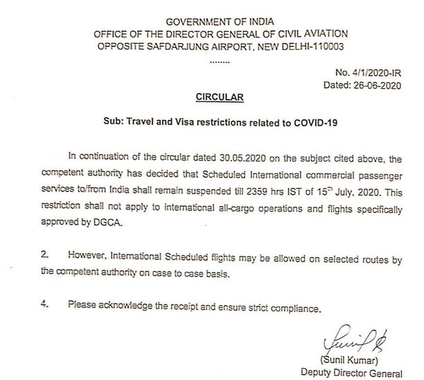Govt cancels International flight services till July 15