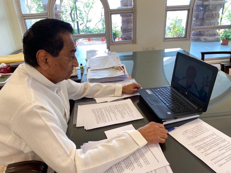 Former Madhya Pradesh Chief Minister and senior Congress leader Kamal Nath addresses a press conference through video conferencing on Sunday.