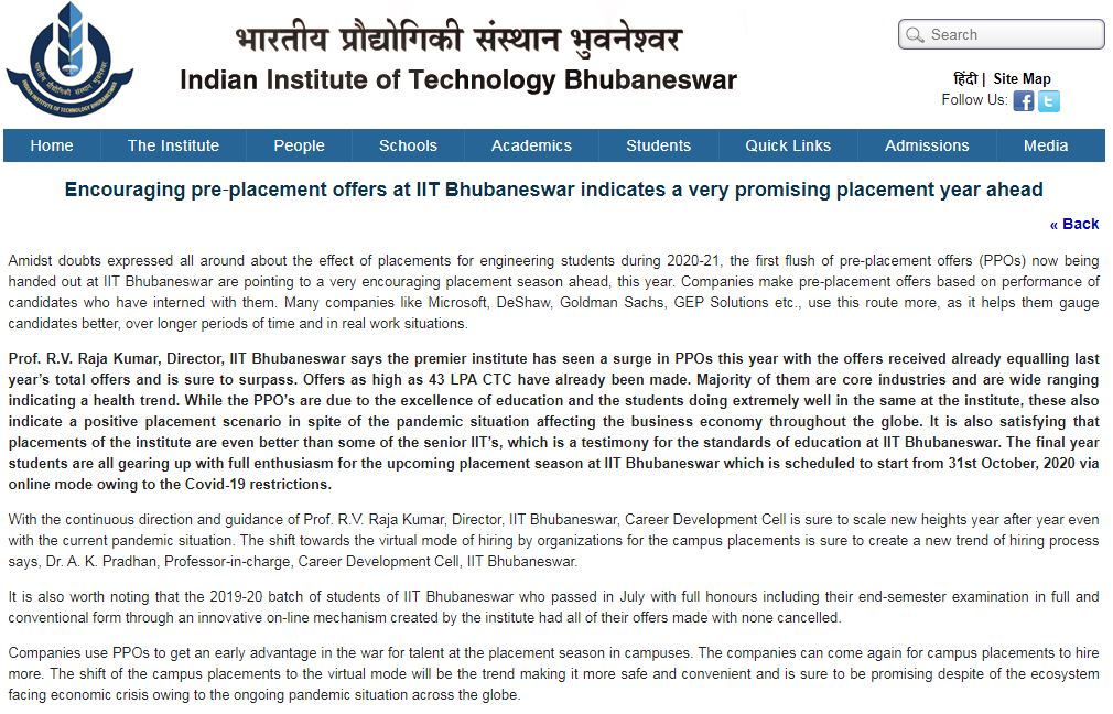 IIT Bhubaneswar is receiving pre placement offer despite Covid epidemic