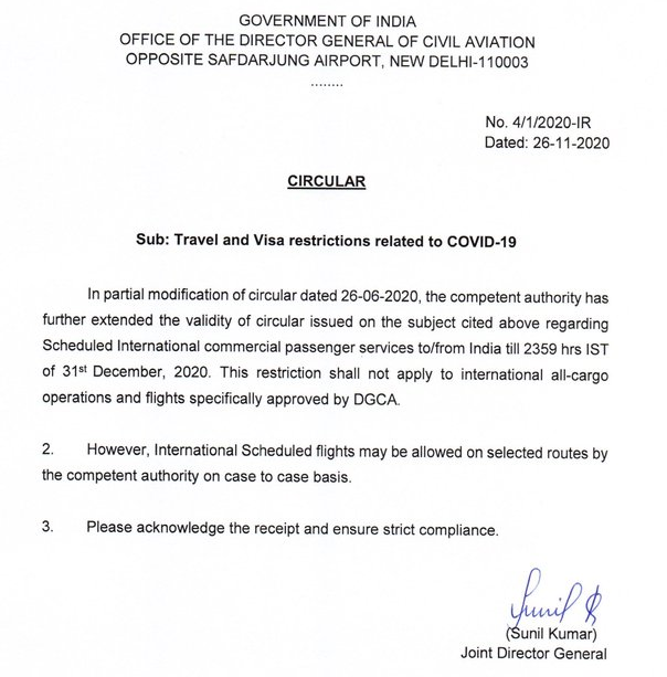 International passenger flights to remain suspended till December 