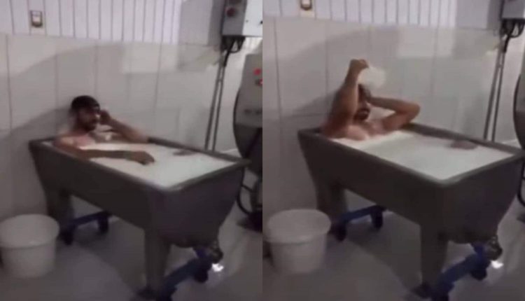 worker takes milk bath