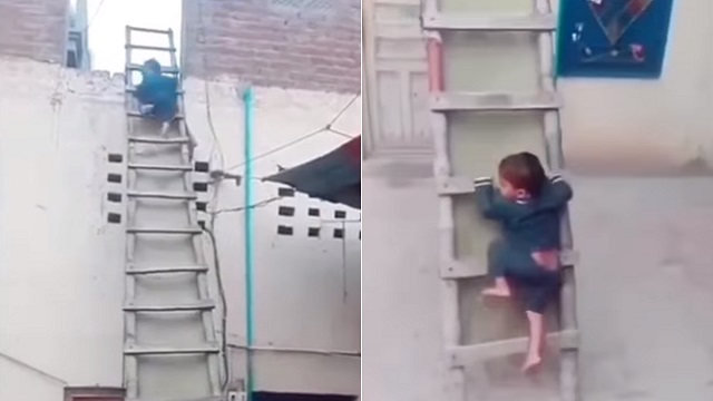 child climbs down ladder like a ninja