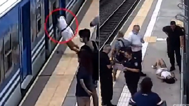 Woman fall under train