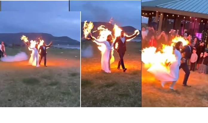 Stunt professional woman & man set themselves on fire during wedding