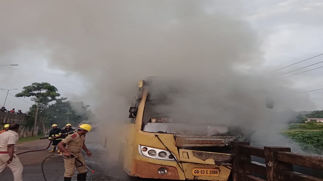bus catches fire in baramunda