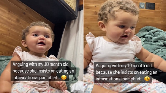 baby argues with mom after she stops her from eating paper