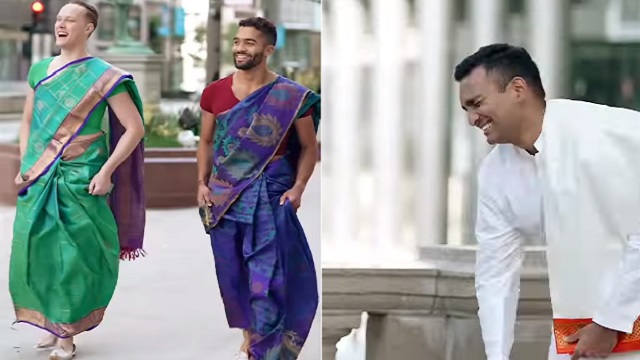 groom's friends wear saree at wedding
