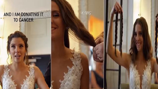 Bride chops hair during wedding reception