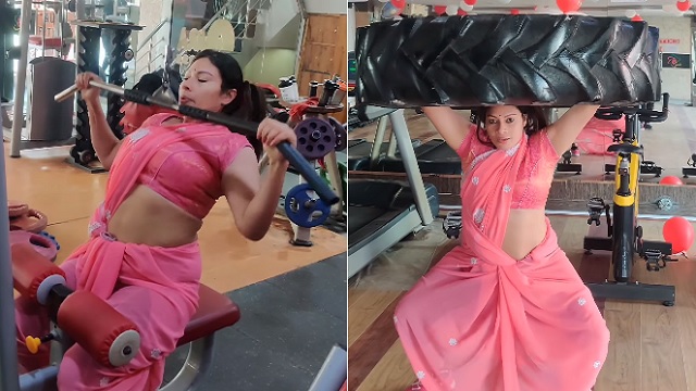woman in saree workout in gym