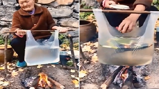 woman cooks fish broth in plastic