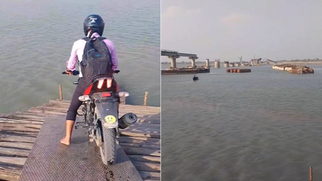 man ride motorcycle in river
