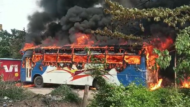 bus catches fire in cuttack