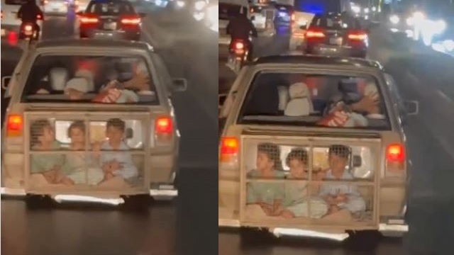 Kids stuffed in car's bumper in karachi