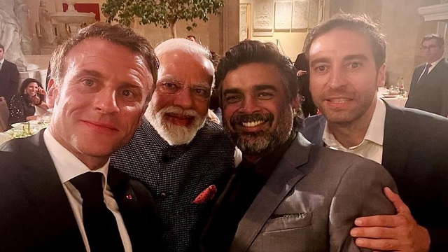 R Madhavan with PM Modi and French President