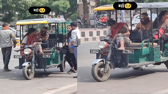 woman driving e-rickshaw with child