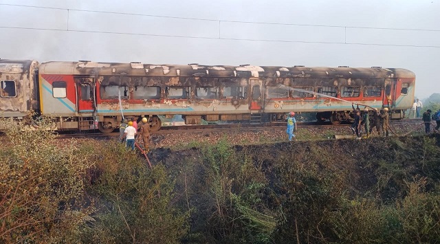 Train catches fire in Agra