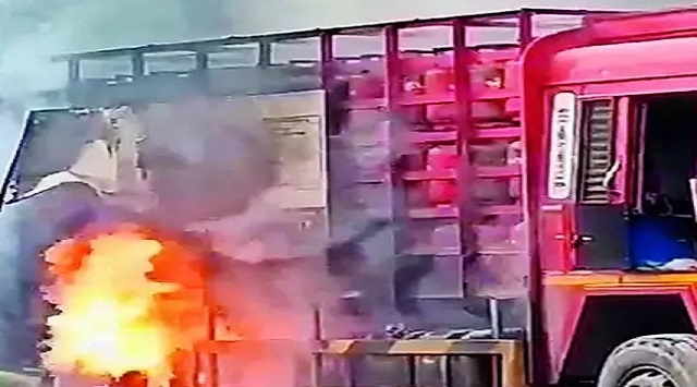 LPG cylinders laden truck catches fire in UP