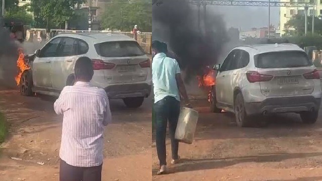 Bhubaneswar: Moving BMW catches fire, driver narrowly escapes, watch